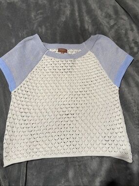 33 Coastal Women’s White Crochet Top with Lavender Raglan Sleeves